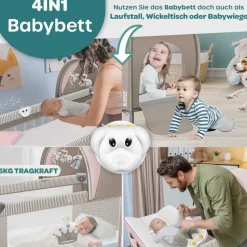 Kidiz KIDIZ® Babybett Reisebett Kinderreisebett Faltbar mit Matratze 120x60, Seiteneingang, Wickelauflage, Mosktionetz, Spielbogen & Tragetasche Baby Beistellbett Kinderbett ab Geburt bis 15 kg