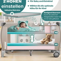 Kidiz KIDIZ® Babybett Reisebett Kinderreisebett Faltbar mit Matratze 120x60, Seiteneingang, Wickelauflage, Mosktionetz, Spielbogen & Tragetasche Baby Beistellbett Kinderbett ab Geburt bis 15 kg