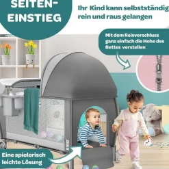 Kidiz KIDIZ® Babybett Reisebett Kinderreisebett Faltbar mit Matratze 120x60, Seiteneingang, Wickelauflage, Mosktionetz, Spielbogen & Tragetasche Baby Beistellbett Kinderbett ab Geburt bis 15 kg