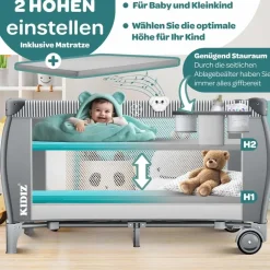 Kidiz KIDIZ® Babybett Reisebett Kinderreisebett Faltbar mit Matratze 120x60, Seiteneingang, Wickelauflage, Mosktionetz, Spielbogen & Tragetasche Baby Beistellbett Kinderbett ab Geburt bis 15 kg