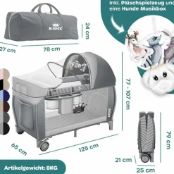 Kidiz KIDIZ® Babybett Reisebett Kinderreisebett Faltbar mit Matratze 120x60, Seiteneingang, Wickelauflage, Mosktionetz, Spielbogen & Tragetasche Baby Beistellbett Kinderbett ab Geburt bis 15 kg