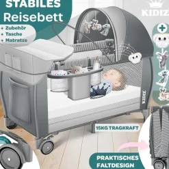 Kidiz KIDIZ® Babybett Reisebett Kinderreisebett Faltbar mit Matratze 120x60, Seiteneingang, Wickelauflage, Mosktionetz, Spielbogen & Tragetasche Baby Beistellbett Kinderbett ab Geburt bis 15 kg