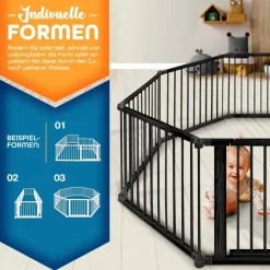 KIDUKU KIDUKU® 7,2 Meter Laufgitter schwarz XXL klappbar inkl. Tür, bestehend aus 8 Elementen, individuell formbar Laufstall Absperrgitter - Schwarz