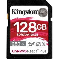 Kingston Canvas React Plus V60 for Full HD/4K, 128 GB, SDXC UHS-II 280R/100W U3 / Class10 - UHS-II, 280 MB/s, 100 MB/s