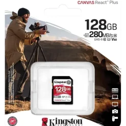 Kingston Canvas React Plus V60 for Full HD/4K, 128 GB, SDXC UHS-II 280R/100W U3 / Class10 - UHS-II, 280 MB/s, 100 MB/s