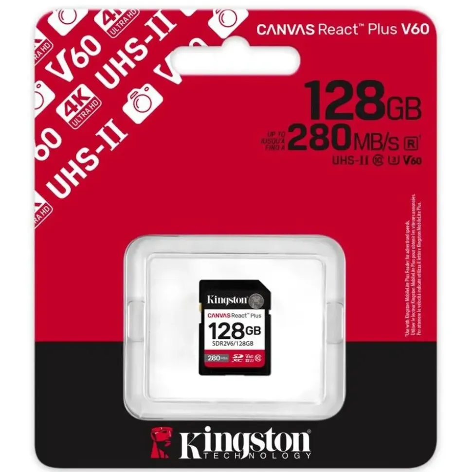 Kingston Canvas React Plus V60 for Full HD/4K, 128 GB, SDXC UHS-II 280R/100W U3 / Class10 - UHS-II, 280 MB/s, 100 MB/s