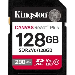 Kingston Canvas React Plus V60 for Full HD/4K, 128 GB, SDXC UHS-II 280R/100W U3 / Class10 - UHS-II, 280 MB/s, 100 MB/s