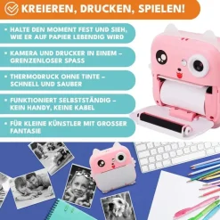 krumad Mini Sofortbildkamera mit Drucker – 2in1 Kinderkamera & Fotodrucker, Bluetooth, Spiele, Video/Musik, Smartphone-Druck