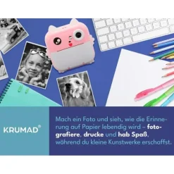 krumad Mini Sofortbildkamera mit Drucker – 2in1 Kinderkamera & Fotodrucker, Bluetooth, Spiele, Video/Musik, Smartphone-Druck