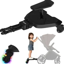 lionelo Buggy Board 2-in-1 Mitfahrbrett für Kinderwagen mit abnehmbarem Sitz, universell passend, Stoßdämpfung, LED-Räder, bis 25 kg, für Kinder 2-5 Jahre