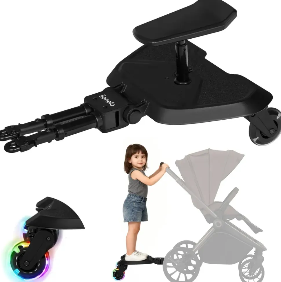 lionelo Buggy Board 2-in-1 Mitfahrbrett für Kinderwagen mit abnehmbarem Sitz, universell passend, Stoßdämpfung, LED-Räder, bis 25 kg, für Kinder 2-5 Jahre