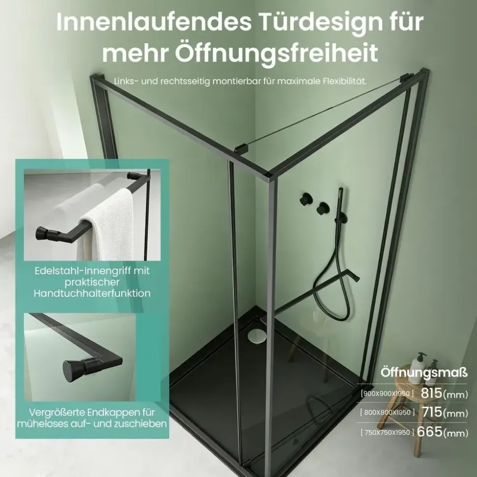 mai & mai Rav69K Eckdusche mit Schiebetür 80 x 80 cm Schwarz Sicherheitsglas