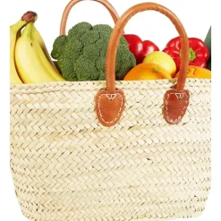 Marrakesch Orient & Mediterran Interior Ibiza Korbtasche Tasche Cestino groß aus Palmblatt & Leder Natur 55 cm
