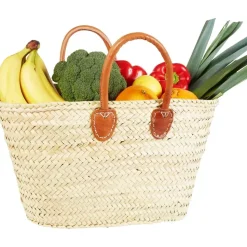 Marrakesch Orient & Mediterran Interior Ibiza Korbtasche Tasche Cestino groß aus Palmblatt & Leder Natur 55 cm