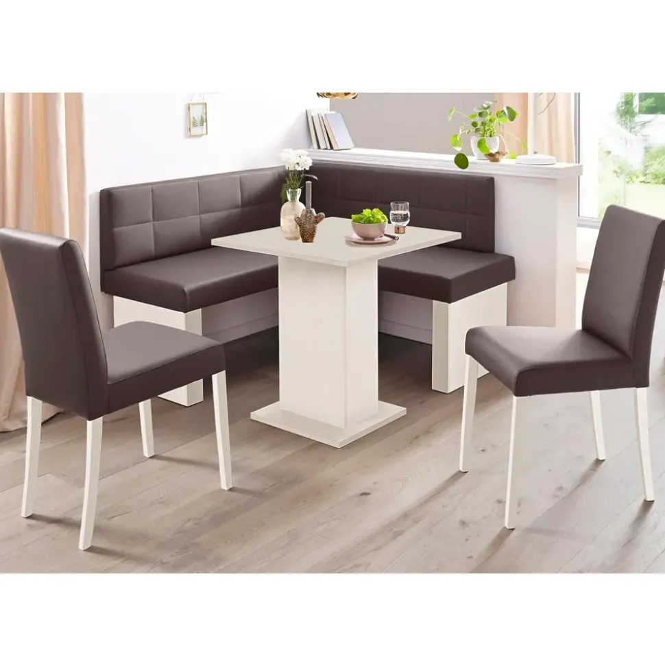massivline & more Eckbankgruppe MASSIVLINE & MORE "Anna 2", braun (holzwerkstoff mit farbe weiß, lotos 5093 dunkelbraun, dunkelbraun, weiß), Kunstleder, Eckbank Anna 130cm x 130cm,Säulentisch Anna 68cm x 68cm,2 x Stühle Anna,Weiß dekor,Lotos 5093 dunkelbraun,