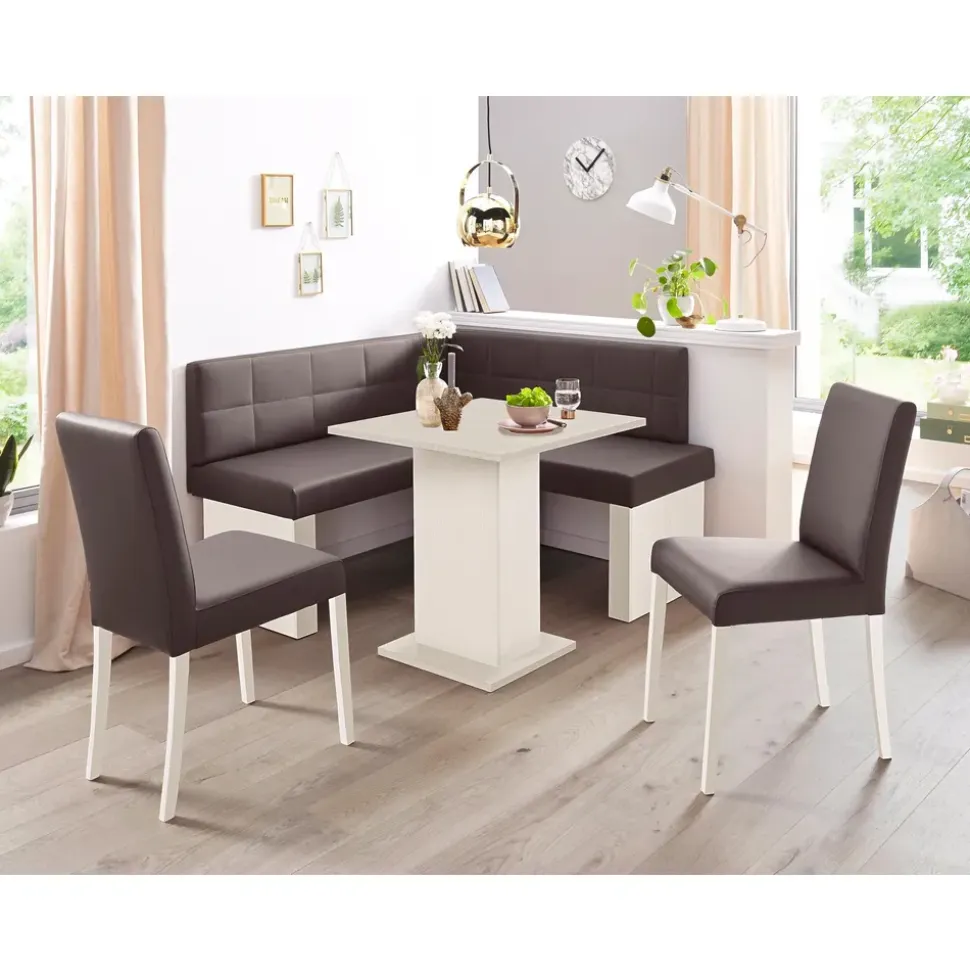 massivline & more Eckbankgruppe MASSIVLINE & MORE "Anna 2", braun (holzwerkstoff mit farbe weiß, lotos 5093 dunkelbraun, dunkelbraun, weiß), Kunstleder, Eckbank Anna 130cm x 130cm,Säulentisch Anna 68cm x 68cm,2 x Stühle Anna,Weiß dekor,Lotos 5093 dunkelbraun,
