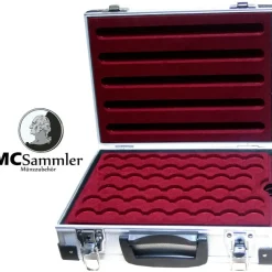 MC.Sammler Alu Münzkoffer inkl 5 Münztableaus für 230 Stk 2 Euro Münzen in Kapseln bis 31mm (ohne Münzkapseln) - Rot/Schwarz