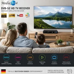 MediaArt Sat Receiver MEDIAART- 4 vorbereitet Deutsche Senderliste Full HD 1080P Digital HDMI 2xUSB Neue modell AAC-LC Audioformat, DVB-S, DVB-S2