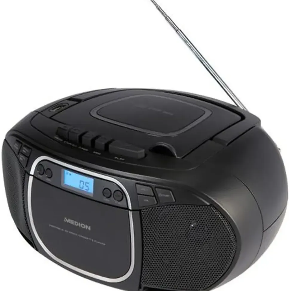 Medion E66476 Stereo Sound System (Boombox, CD-Player, MP3, Kassette, tragbarer Kassettenspieler für Kinder, UKW Radio, AUX, Kopfhörer, Netz & Batterie) schwarz,