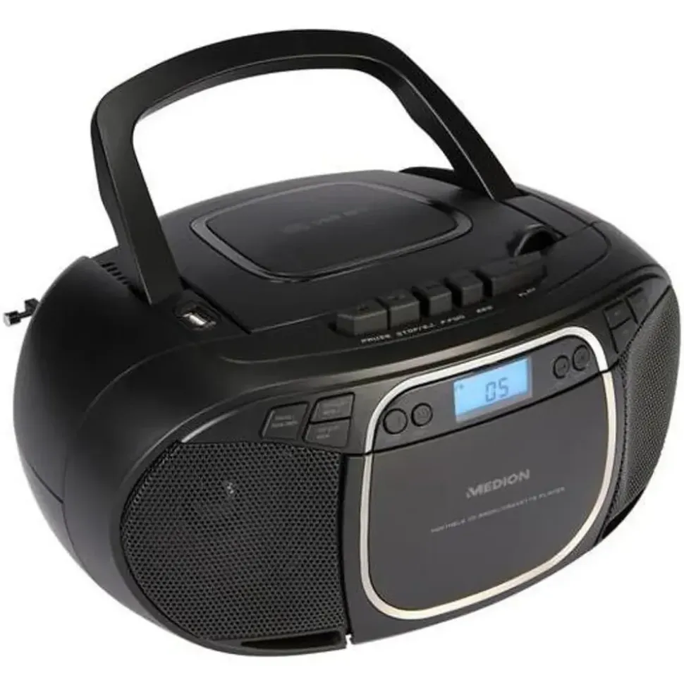 Medion E66476 Stereo Sound System (Boombox, CD-Player, MP3, Kassette, tragbarer Kassettenspieler für Kinder, UKW Radio, AUX, Kopfhörer, Netz & Batterie) schwarz,