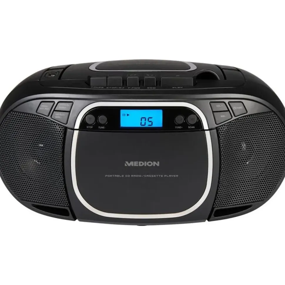 Medion E66476 Stereo Sound System (Boombox, CD-Player, MP3, Kassette, tragbarer Kassettenspieler für Kinder, UKW Radio, AUX, Kopfhörer, Netz & Batterie) schwarz,