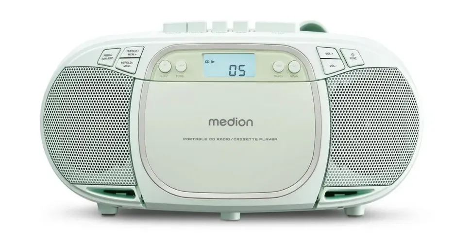 Medion LIFE E66476 Tragbare CD-Boombox grün, CD-Player, Kassettendeck, FM-Radio, USB-MP3-Wiedergabe, 30 Senderspeicher, Batteriebetrieb