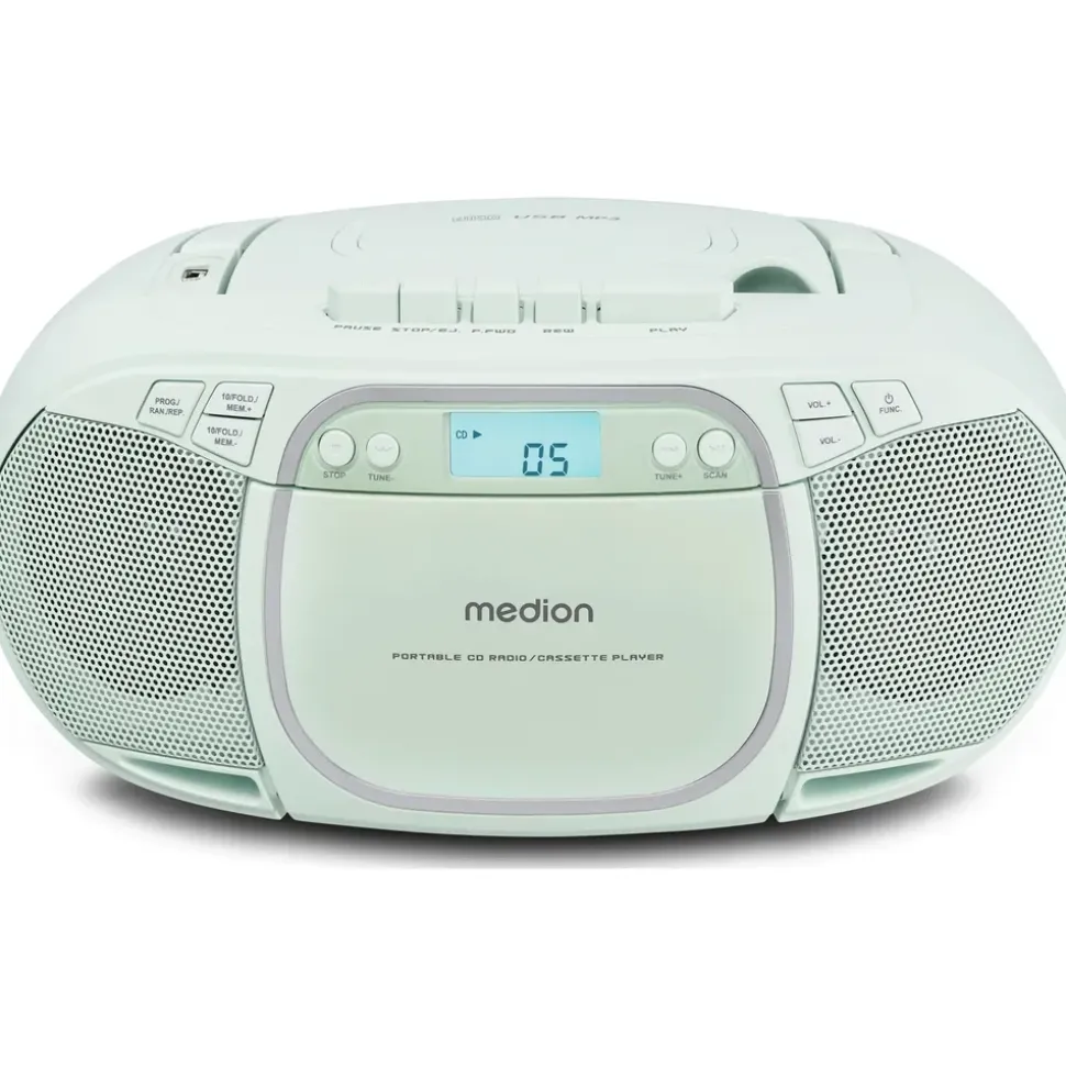 Medion LIFE E66476 Tragbare CD-Boombox grün, CD-Player, Kassettendeck, FM-Radio, USB-MP3-Wiedergabe, 30 Senderspeicher, Batteriebetrieb