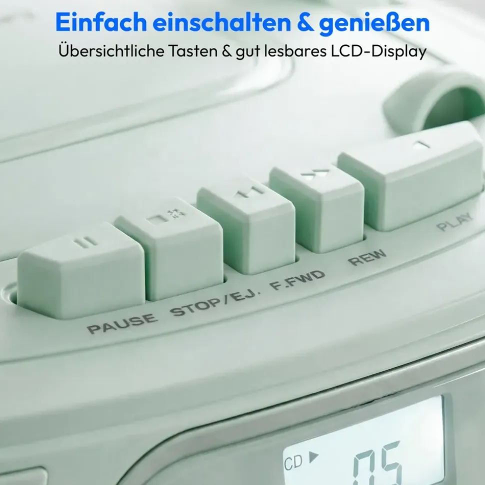 Medion LIFE E66476 Tragbare CD-Boombox grün, CD-Player, Kassettendeck, FM-Radio, USB-MP3-Wiedergabe, 30 Senderspeicher, Batteriebetrieb