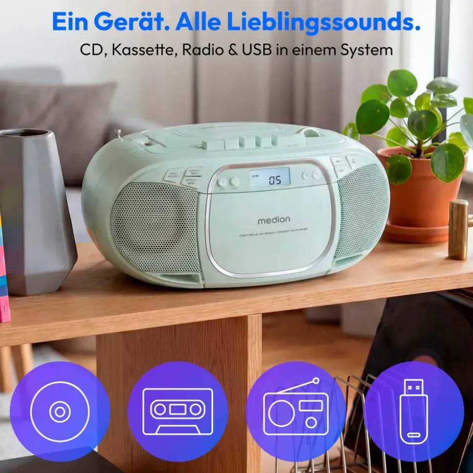 Medion LIFE E66476 Tragbare CD-Boombox grün, CD-Player, Kassettendeck, FM-Radio, USB-MP3-Wiedergabe, 30 Senderspeicher, Batteriebetrieb