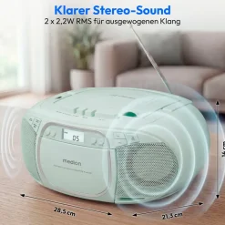 Medion LIFE E66476 Tragbare CD-Boombox grün, CD-Player, Kassettendeck, FM-Radio, USB-MP3-Wiedergabe, 30 Senderspeicher, Batteriebetrieb