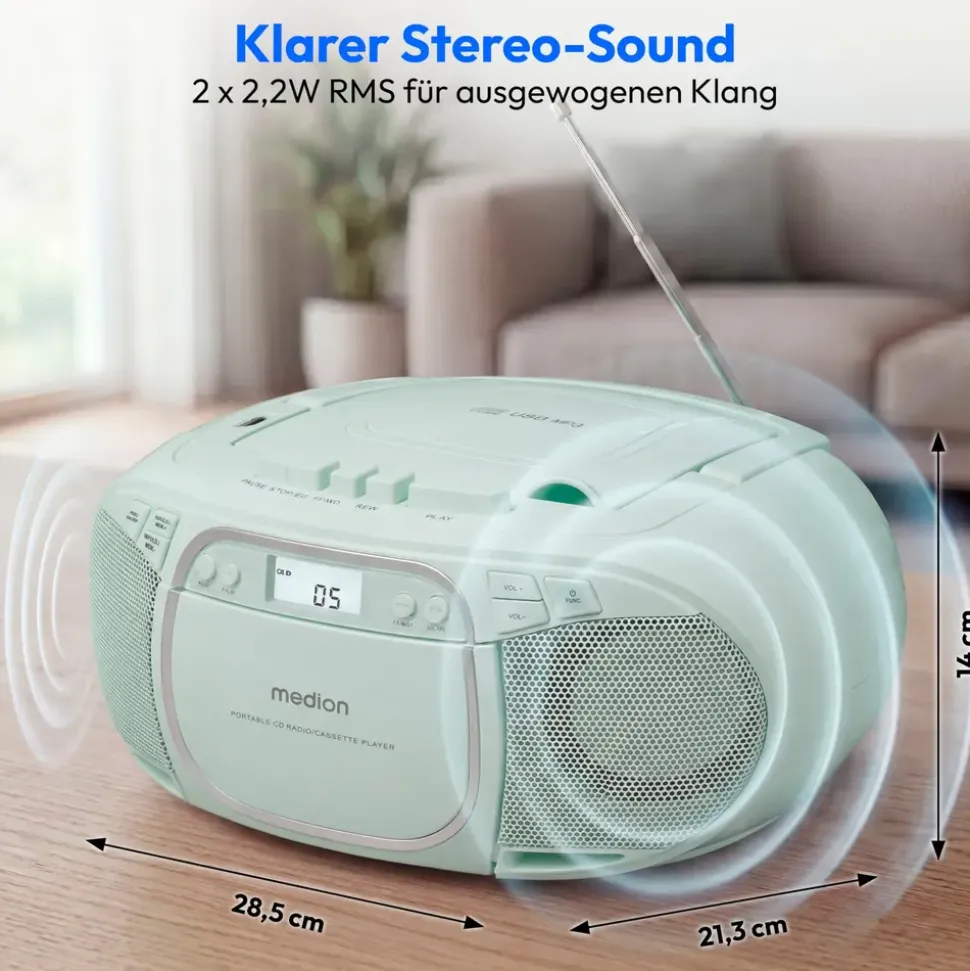 Medion LIFE E66476 Tragbare CD-Boombox grün, CD-Player, Kassettendeck, FM-Radio, USB-MP3-Wiedergabe, 30 Senderspeicher, Batteriebetrieb