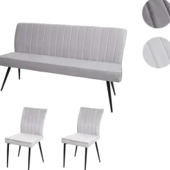 Mendler Esszimmer-Set HWC-K16, 2er-Set Stuhl+Sitzbank Esszimmergruppe Sitzgruppe Esszimmergarnitur, Samt Metall ~ hellgrau