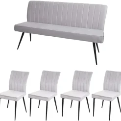 Mendler Esszimmer-Set HWC-K16, 4er-Set Stuhl+Sitzbank Esszimmergruppe Sitzgruppe Esszimmergarnitur, Samt Metall ~ hellgrau