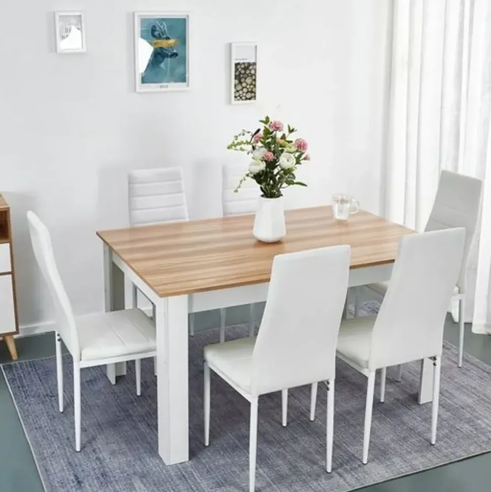 Mondeer Esstischset Essgruppe Esszimmergruppe mit 6 Stühlen Esstisch aus Holz Küchentisch Eiche+Weiß - Weiß/Braun