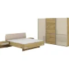 Musterring Schlafzimmer-Set Savona, Kleiderschrank, Bett & Nachtkommoden, teilmassiv Bianco-Eiche, (2er-Set Nachtschränke, Schwebetürenschrank, Bett 180x200 cm), Kopfteil Kunstleder Champagner, Schrank mit Eiche- und Glastüren braun