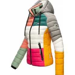 Navahoo Damen Steppjacke leichte Übergangsjacke mit Kapuze im Colourblocking Stil Lulana Multikulti