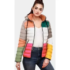 Navahoo Damen Steppjacke leichte Übergangsjacke mit Kapuze im Colourblocking Stil Lulana Multikulti
