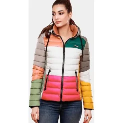 Navahoo Damen Steppjacke leichte Übergangsjacke mit Kapuze im Colourblocking Stil Lulana Multikulti