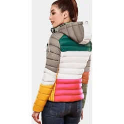 Navahoo Damen Steppjacke leichte Übergangsjacke mit Kapuze im Colourblocking Stil Lulana Multikulti