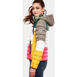 Navahoo Damen Steppjacke leichte Übergangsjacke mit Kapuze im Colourblocking Stil Lulana Multikulti