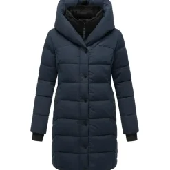 Navahoo Damen, Wintermantel warmer Steppmantel lang mit Kapuze und abnehmbarem Fleece-Kragen Knutschilein Navy Gr. S - S