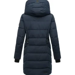 Navahoo Damen, Wintermantel warmer Steppmantel lang mit Kapuze und abnehmbarem Fleece-Kragen Knutschilein Navy Gr. S - S