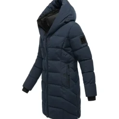 Navahoo Damen, Wintermantel warmer Steppmantel lang mit Kapuze und abnehmbarem Fleece-Kragen Knutschilein Navy Gr. S - S
