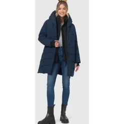Navahoo Damen, Wintermantel warmer Steppmantel lang mit Kapuze und abnehmbarem Fleece-Kragen Knutschilein Navy Gr. S - S
