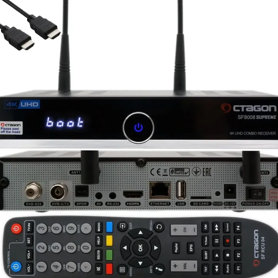 Octagon SF8008 Supreme 4K UHD Combo Receiver DVB-S2X + DVB-C/T2 500GB HDD - Schwarz