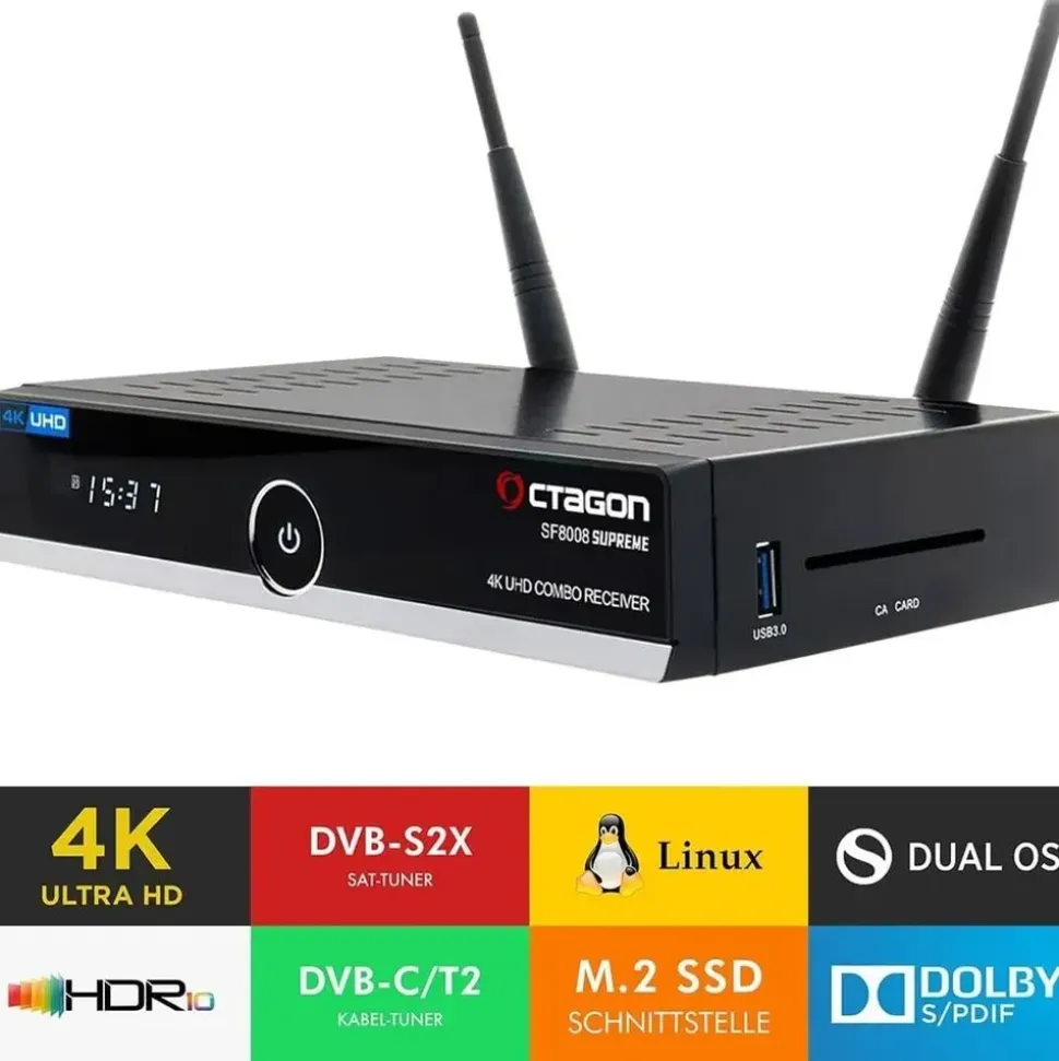 Octagon SF8008 V3 UHD 4K COMBO Supreme E2 DVB-S2X & DVB-C/T2 Linux & Define OS, M.2 Dual-WiFi) - Schwarz