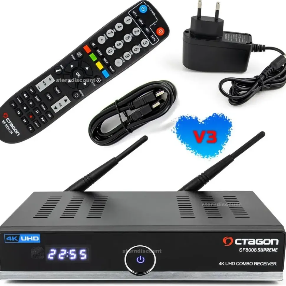 Octagon SF8008 V3 UHD 4K COMBO Supreme E2 DVB-S2X & DVB-C/T2 Linux & Define OS, M.2 Dual-WiFi) - Schwarz