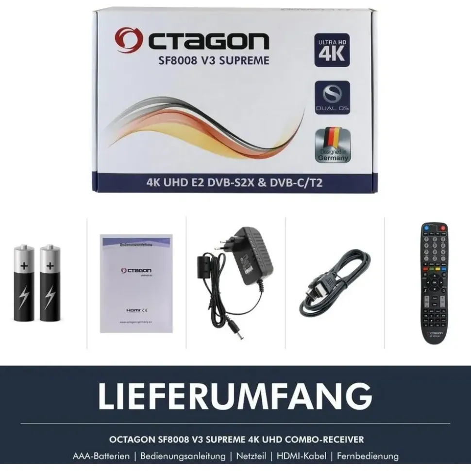 Octagon SF8008 V3 UHD 4K COMBO Supreme E2 DVB-S2X & DVB-C/T2 Linux & Define OS, M.2 Dual-WiFi) - Schwarz