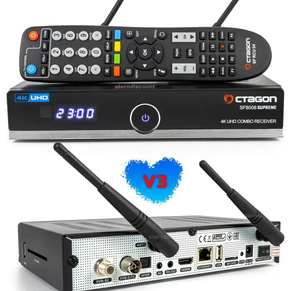 Octagon SF8008 V3 UHD 4K COMBO Supreme E2 DVB-S2X & DVB-C/T2 Linux & Define OS, M.2 Dual-WiFi) - Schwarz
