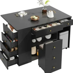 Okwish Kücheninsel, Schwarz, Holzwerkstoff, 140x89x70 cm, Küchen, Küchenmöbel, Kücheninseln